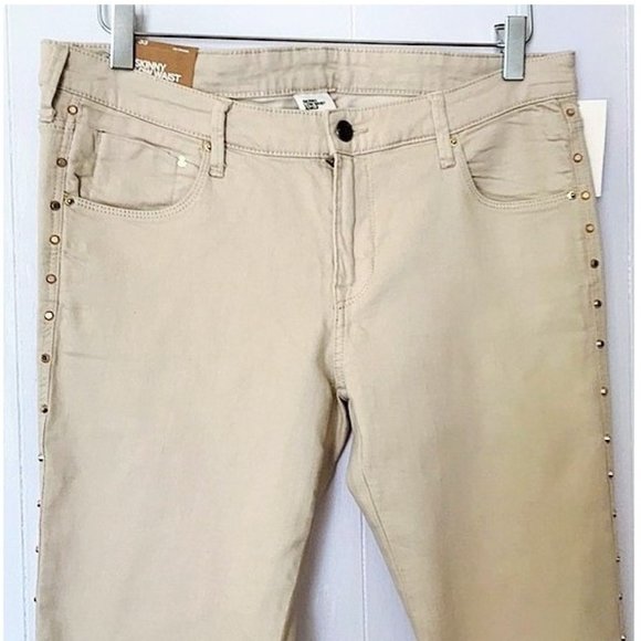 H&M LOW RISE SKINNY ANKLE JEANS BEIGE GOLD STUDDED LEGS SZ 33 NWT - Picture 5 of 10